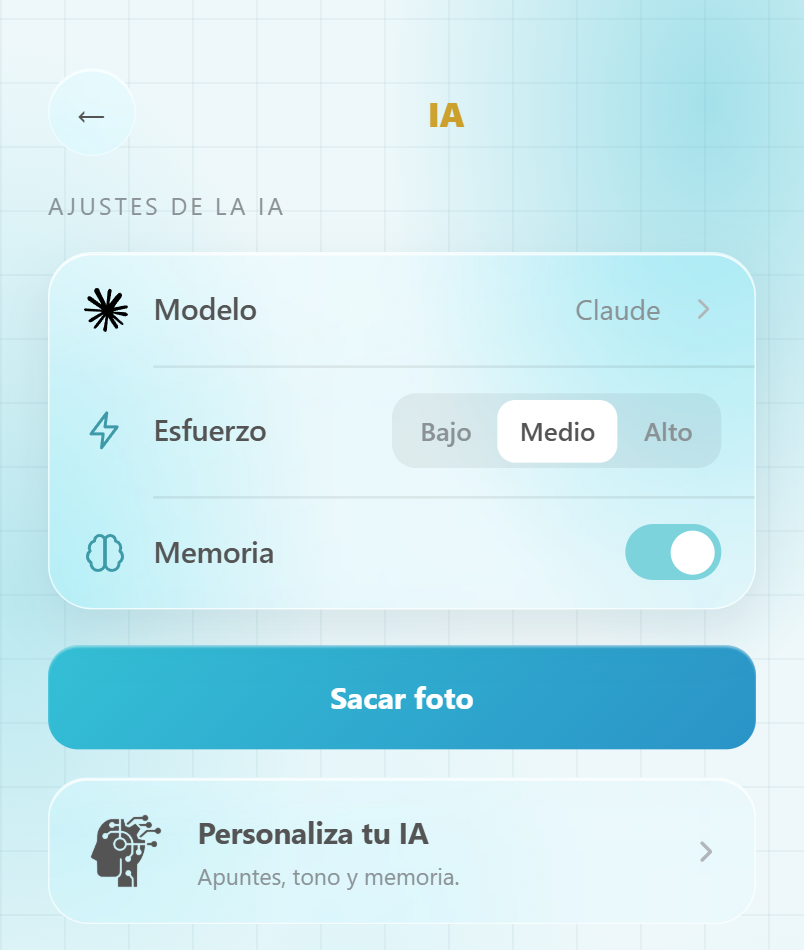 Página IA de la app con el modelo Claude, esfuerzo Medio y memoria activada